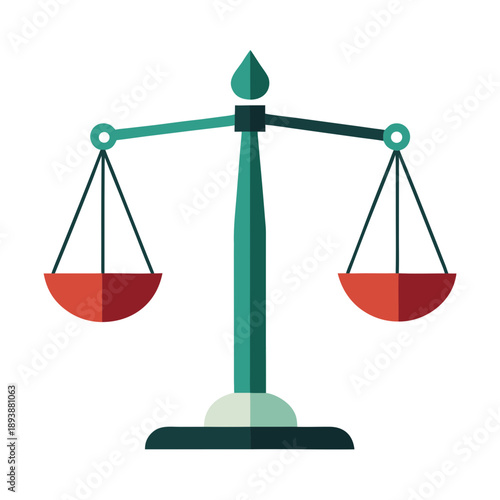 Balance scale illustration, presented in a distinctive flat style with teal, red, and gold colors, embodies the profound concepts of judicial fairness, societal equality, and the meticulous process.