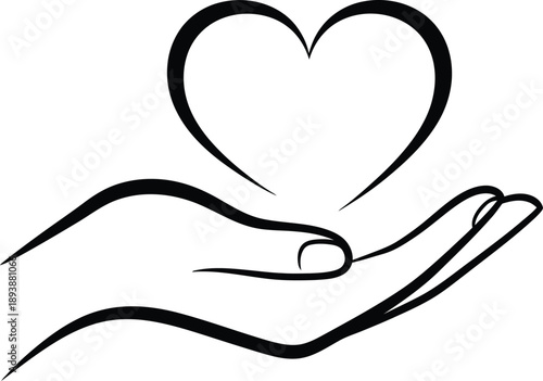 Black line drawing of a hand holding a heart symbol