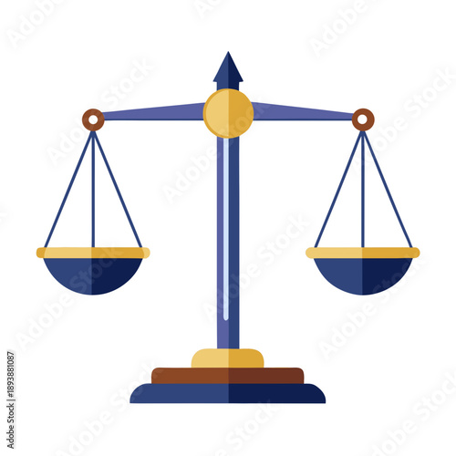 Balance scale icon, rendered in a modern flat design with striking blue, gold, and brown colors, universally represents the critical concepts of justice, legal equality, and the careful weighing of.