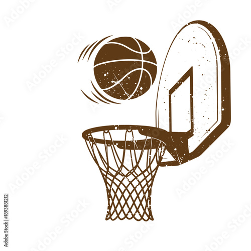 Vintage Grunge texture Brown illustration of a basketball going into hoop with net and backboard  sports equipment