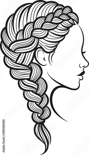 A black and white illustration of a womans head with a long braid