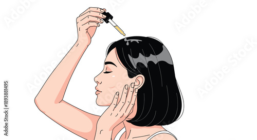 Side Profile View of a Young Woman Applying Liquid Hair Treatment with a Dropper for Scalp Care and Growth.
