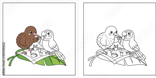 Cute cartoon kiwi bird and parrot having a tea party. Vector illustration of animal friends on a leaf. Partial outline coloring page for kids creative activity.