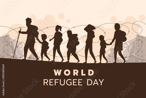 The silhouettes of crumbling buildings and tangled barbed wire serve as a stark reminder of the conflict and obstacles they fled. The bold lettering below emphasizes this image as a call for global co