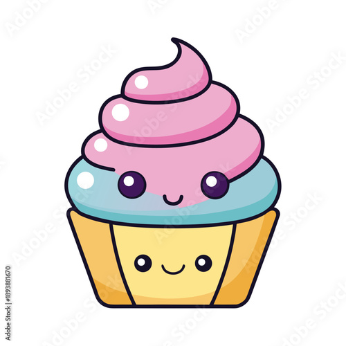 Cartoon cupcake with pink and blue frosting and smiling face pink frosting