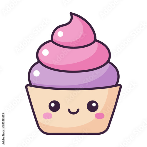 Cartoon cupcake with pink and purple frosting and smiling face dessert sweet