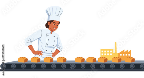 Female Pastry Chef Monitoring Fresh Bread Loaves on Industrial Bakery Conveyor Belt
