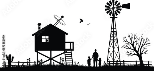 rural, lifestyle, silhouette, black, white, icon, illustration, vector, design, symbol, house, windmill, family, nature, tree, cactus, fence, bird, off-grid, remote, peaceful
