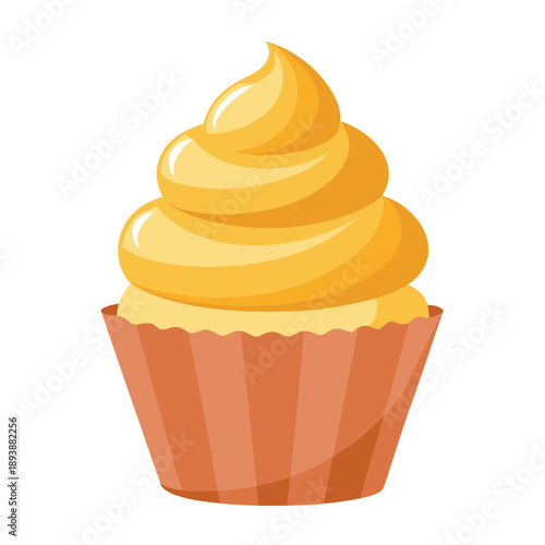 Orange cupcake with yellow frosting in brown wrapper dessert
