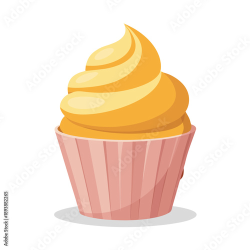 Orange cupcake with pink wrapper and swirly frosting dessert