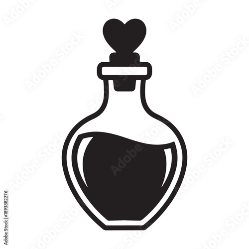 A black and white illustration of a perfume bottle with a heart stopper silhouette vector shilhoutte icon use as a symbol, web graphic design, and infographic icon