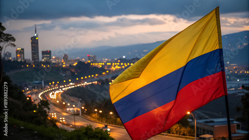 Close-up Colombia flag Waving in the Wind. Evening background, In the capital of Bogota city lights and road