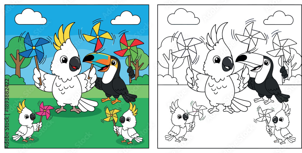 Fototapeta premium Cute cartoon cockatoo and toucan playing with pinwheels. Happy bird family holding colorful wind toys in park. Vector illustration for kids education and nursery art.