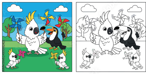 Cute cartoon cockatoo and toucan playing with pinwheels. Happy bird family holding colorful wind toys in park. Vector illustration for kids education and nursery art.