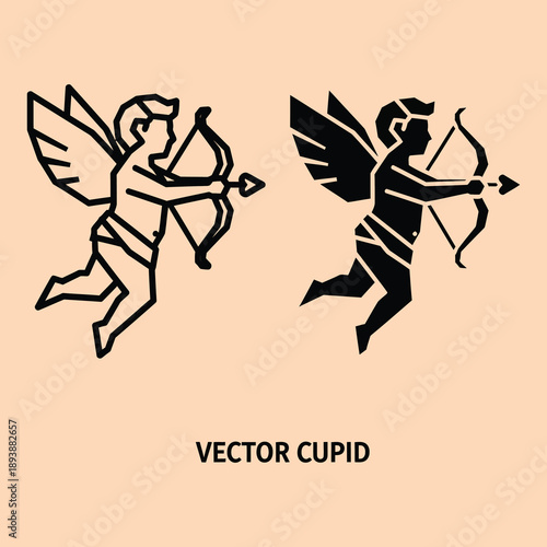 Black and white vector illustration of cupid the mythological god of love holding a bow and arrow depicted in two styles one outlined and one silhouette set against a beige background symbolizing