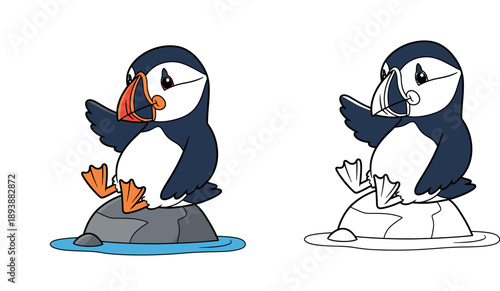 Cute cartoon puffin bird sitting on a rock and waving vector illustration; funny arctic sea animal character on stone in water.