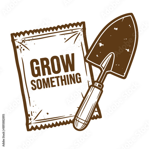 Vintage Grunge texture Brown illustration of a seed packet and trowel with grow something text on white background