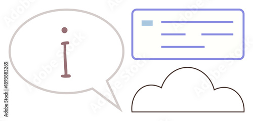 Cloud storage, digital communication, information sharing, data management, speech exchange, modern technology. Speech bubble with information icon, cloud digital data panel. Cloud storage