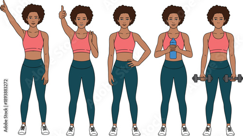 Sporty woman character set in different fitness poses with water bottle and dumbbells, perfect for workout, gym training, healthy lifestyle, and exercise designs.