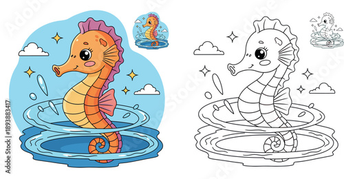 Cute cartoon seahorse character splashing in water vector illustration; happy orange sea animal swimming with blue splash rings and clouds for kids sticker or mascot design.