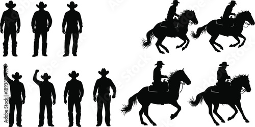 Cowboy silhouette icons, standing and riding poses, horseback motion, Western culture, black vector illustrations, wild west design