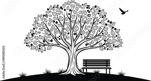 Black and white vector illustration of a spreading leafy tree with a park bench and flying bird on a hill.