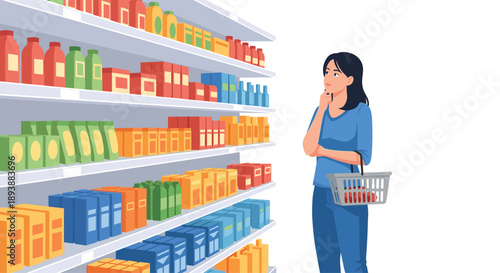 Woman with Shopping Basket Thinking While Looking at Supermarket Grocery Shelves