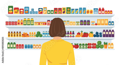 Back View of Woman in Yellow Sweater Facing Organized Grocery Store Shelves