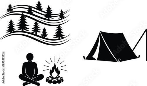 Black camping silhouette icons set with tent campfire and person sitting in forest landscape, cad drawing flat vector illustration design