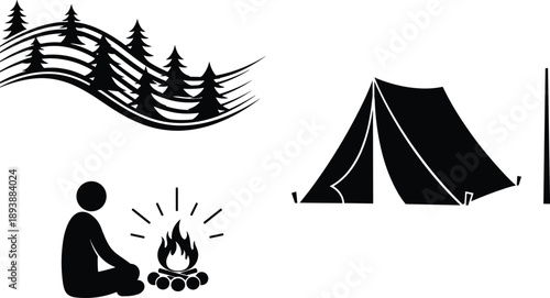 Black camping silhouette set with tent campfire person and forest trees isolated on white background for outdoor adventure travel vector