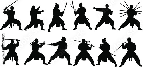 Martial arts sword silhouettes, dynamic poses, defensive stances, weapon techniques, black vector illustrations, combat training design