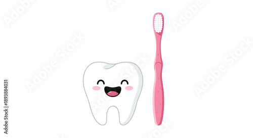 Happy Cartoon Tooth with Pink Toothbrush Dental Health for Kids Illustration