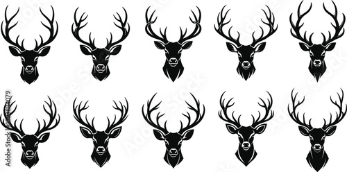 Deer head silhouette icons, antler variations, symmetrical designs, black and white vector illustrations, wildlife emblem, logo elements