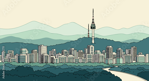 Vibrant cityscape vector illustration featuring modern architecture and a prominent observation tower nestled amidst lush green mountains and winding rivers, perfect for travel and tourism concepts