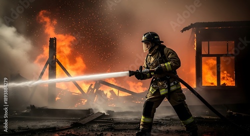 Wallpaper Mural Firefighter battling flames with water hose at burning building. Torontodigital.ca