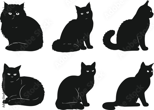 Cat sitting silhouette icons, various feline poses, tail shapes, fur textures, black vector illustrations, domestic pet design