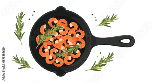 Cooked Shrimp with Fresh Rosemary and Peppercorns in Cast Iron Skillet