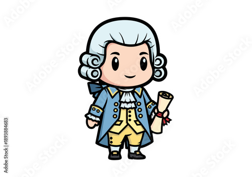 Celebrating Presidents' Day with a cartoon George Washington holding a scroll and wearing a blue coat with yellow breeches