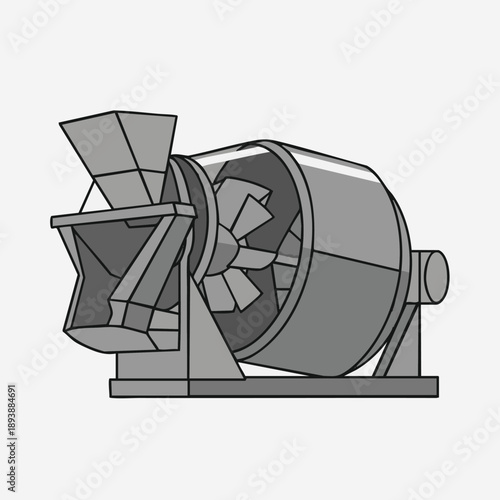 Grayscale Industrial Rotary Mixer Machine Illustration. Manufacturing Production Drum Equipment Vector Icon for Chemical, Food Processing, or Construction Technology.