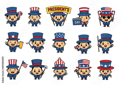 Celebrating Presidents' Day with cartoon presidents in various costumes and accessories