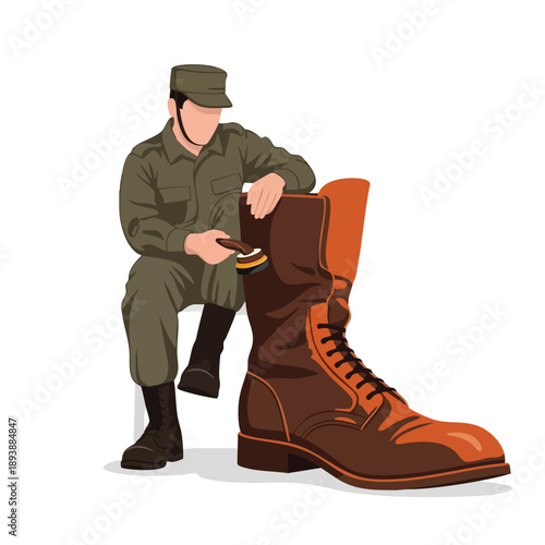 Soldier Polishing Giant Military Boot Illustration. Duty Concept. Flat Vector Art.