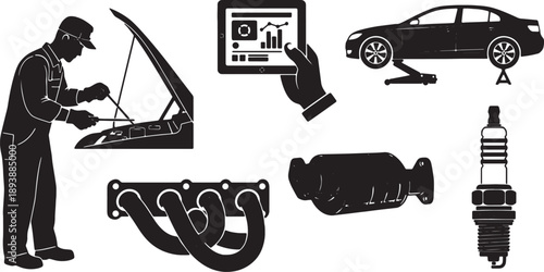 5-6 Black Solid Engine Diagnostics Tools Silhouettes