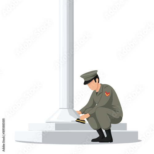 Soldier cleaning flagpole base. Military personnel maintenance. Flat vector illustration.