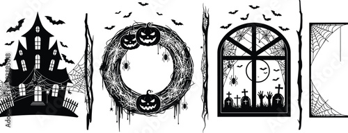 Black Halloween silhouette set with haunted house spooky wreath window graveyard and bats isolated on white background for holiday party vector