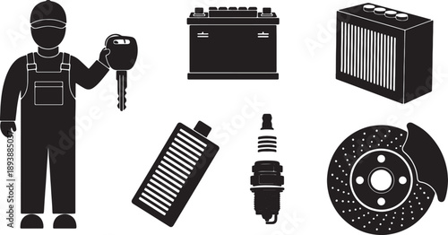 5-6 Black Solid Car Maintenance Icons Silhouettes on White