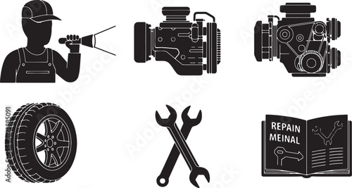 5-6 Black Solid Car Repair Manuals Silhouettes on White
