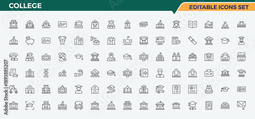 Set of College line icon. Contain linear sign science, school, education, learning, study, class and more. Minimalist linear icons. Graduation simple icon set. Editable stroke. Vector illustration.