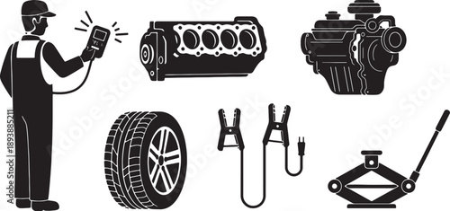5-6 Black Solid Car Repair Drawings Silhouettes on White