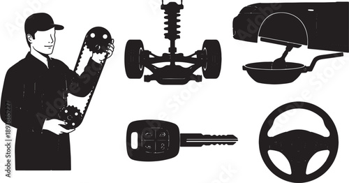 5-6 Black Solid Vehicle Repair Drawings Silhouettes on White