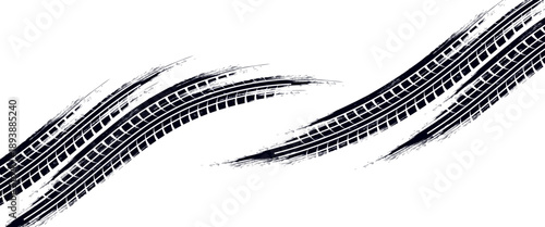 Tire tread marks, drift, motorsport, motocross, rally, tread mark with skid, grinding, splash effect. Graphic set of tire treads, wheel texture, car racing. Vector collection, wheel treads on asphalt